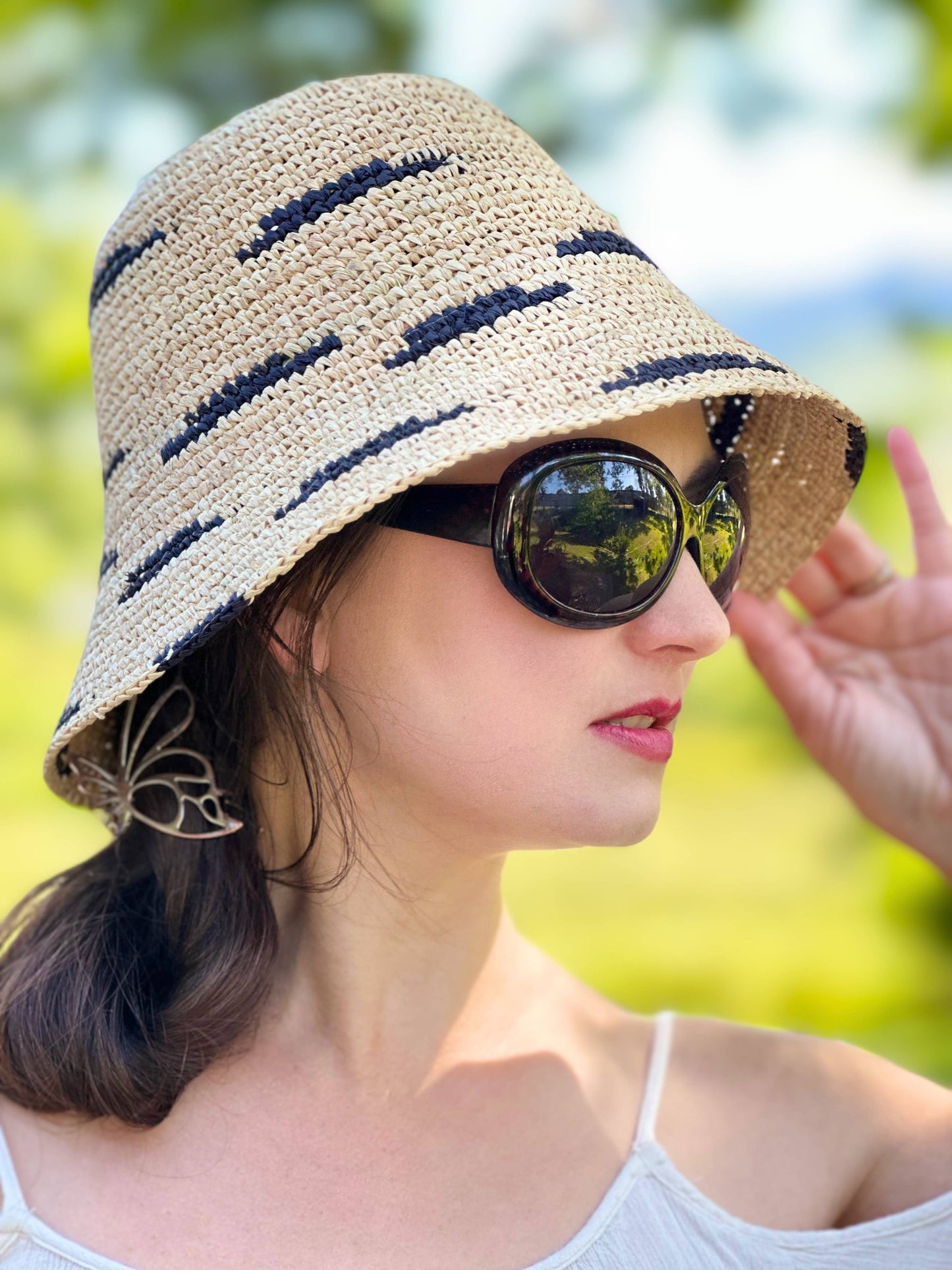 2.5" Brim Taylor Crochet Bucket Straw Hat with Zebra Stripes