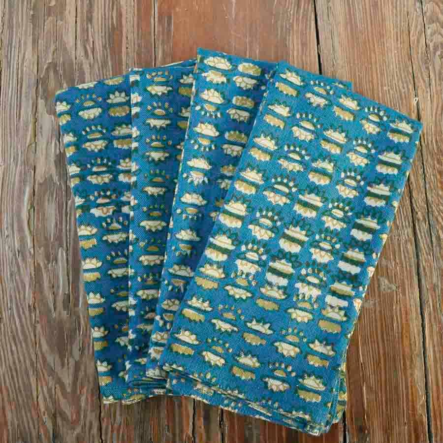 Organic Blockprint Cotton Napkins (Set of 4)- Sunflower Blue