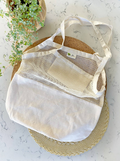 Organic Half Mesh Market Tote with Phone Pocket